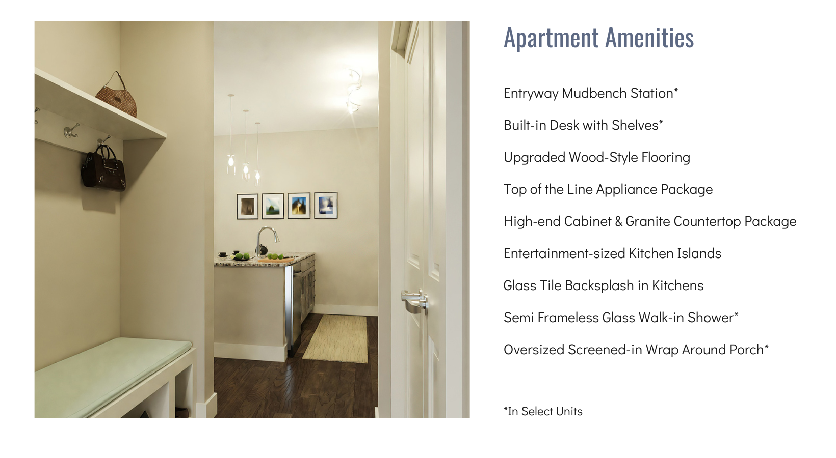 apartment amenity list and image of entryway with mud bench and view of kitchen