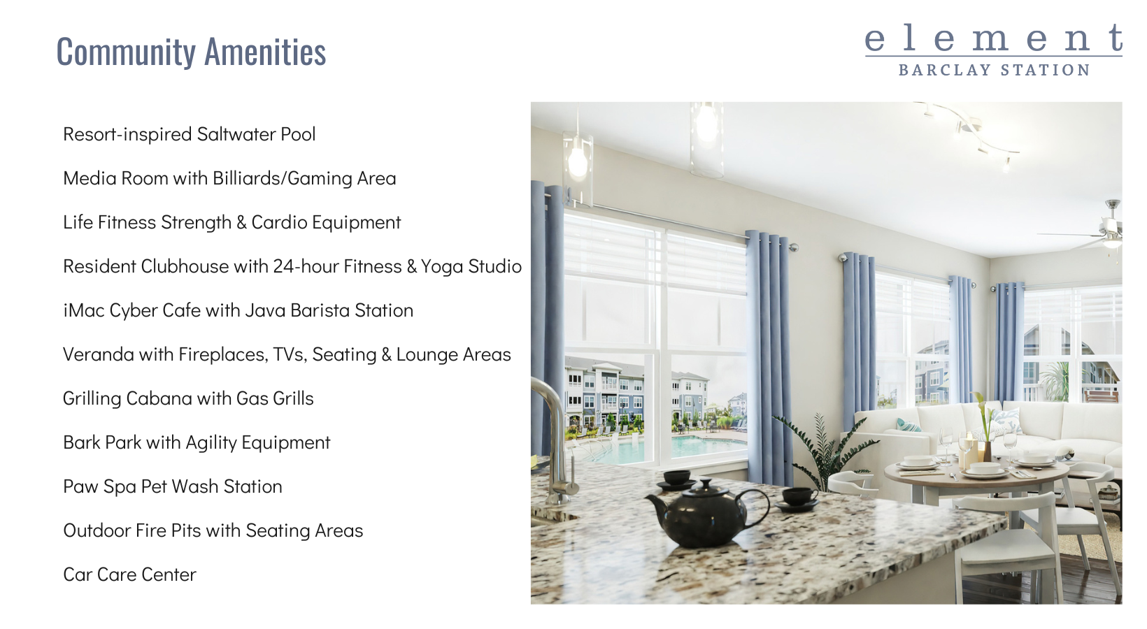 Community Amenity list with image of granite countertop looking out onto Swimming Pool