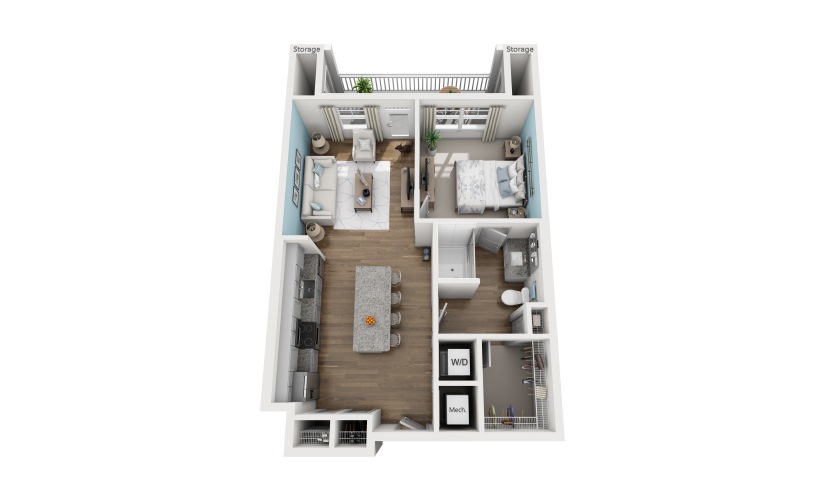 1A - 1 bedroom floorplan layout with 1 bathroom and 747 square feet