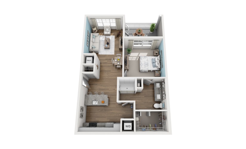 1B - 1 bedroom floorplan layout with 1 bathroom and 896 square feet