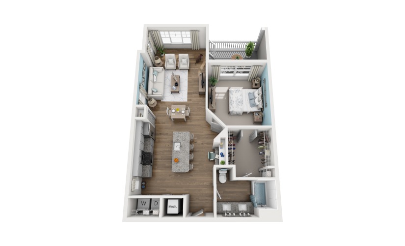1C - 1 bedroom floorplan layout with 1 bathroom and 902 square feet