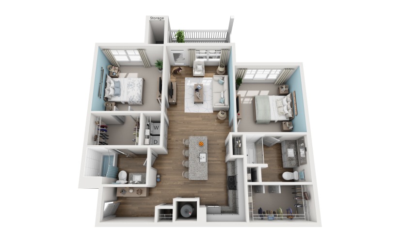 2B - 2 bedroom floorplan layout with 2 bathrooms and 1159 square feet