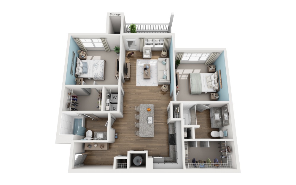 2B - 2 bedroom floorplan layout with 2 baths and 1159 square feet.