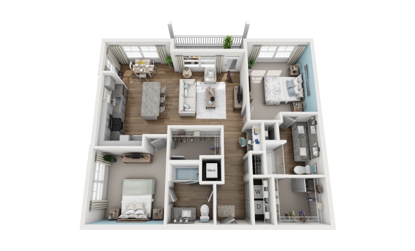 2C - 2 bedroom floorplan layout with 2 bathrooms and 1194 square feet